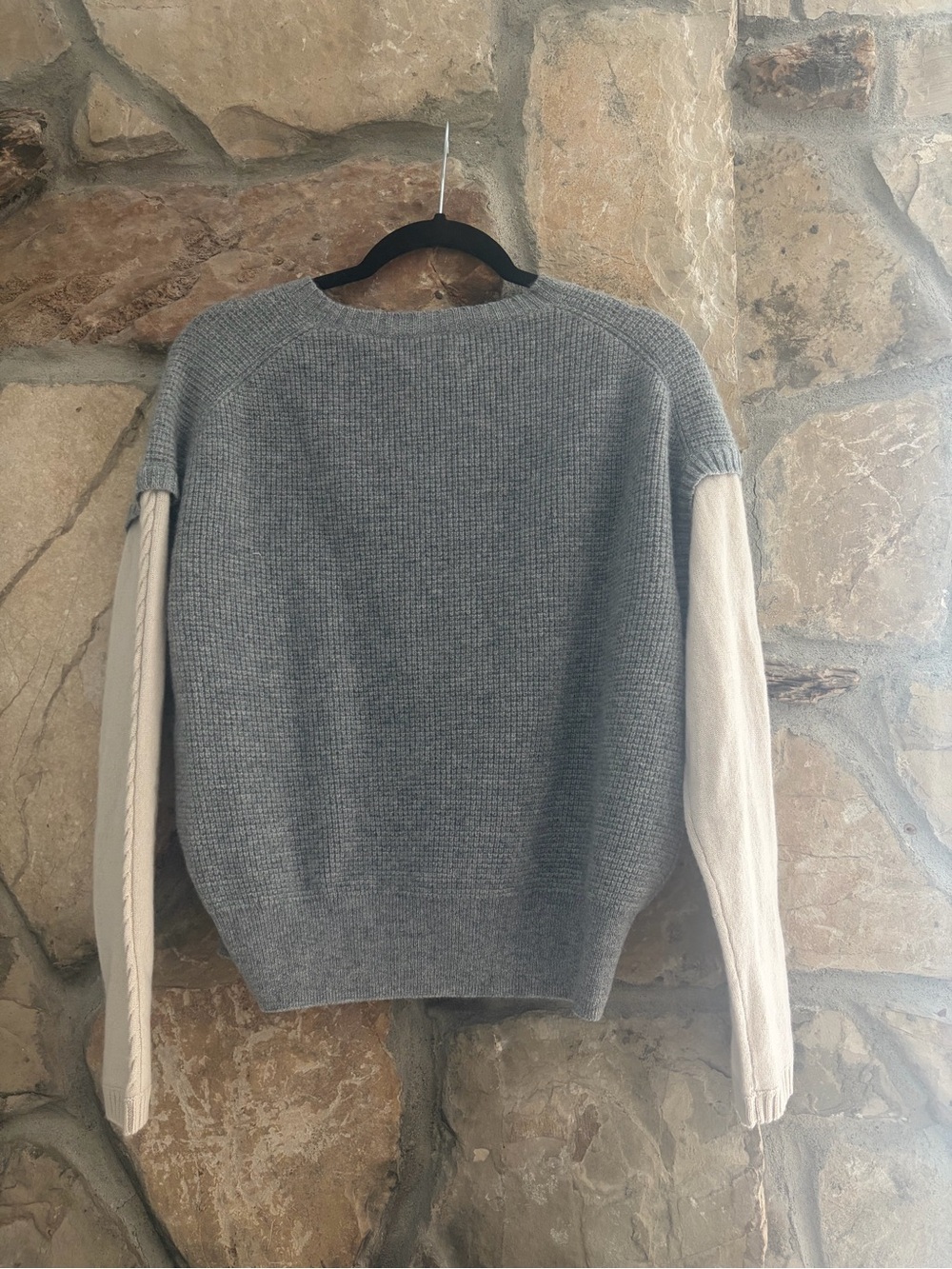 Cashmere Two-Tone V-Neck Sweater in Gray and Cream - Picture 2 of 5